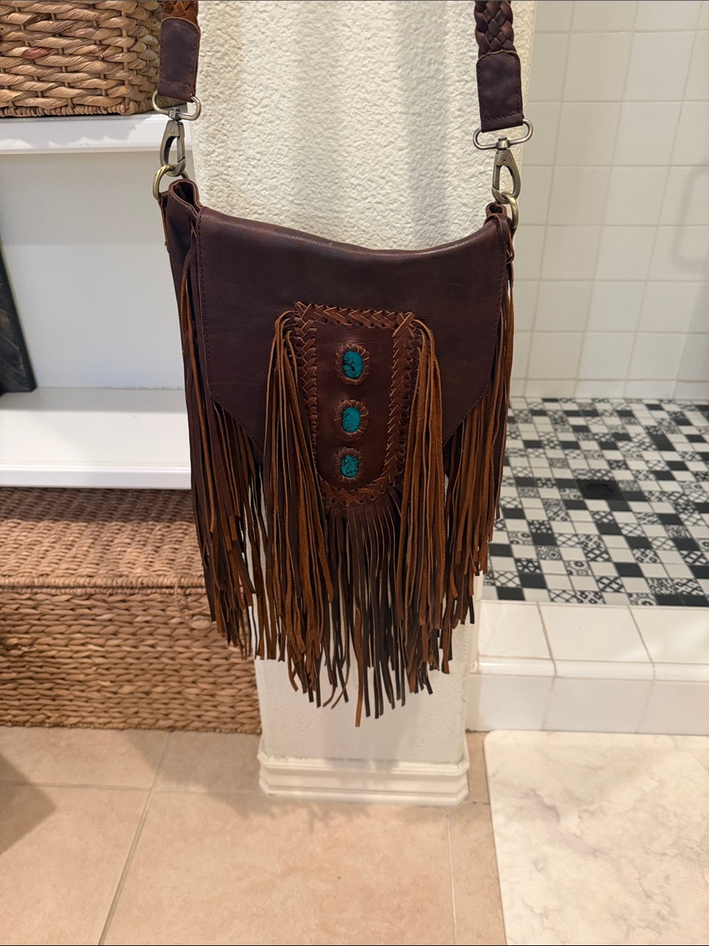 Brown Leather Fringe Crossbody with Turquoise Accent Stones